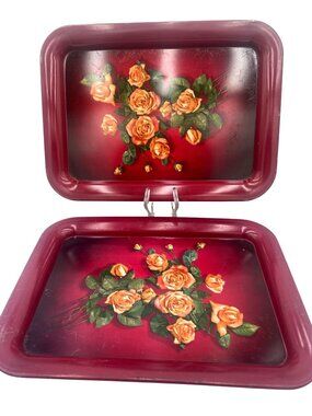 Vintage Floral Metal Serving Trays Set Of 2 Rose Design Boho Chic Burgundy 17.5"